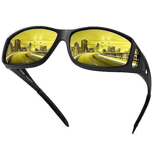 URUMQI Night Vision Driving Glasses Fit Over Glasses for Men Women, Anti Glare Polarized Nighttime Glasses HD Yellow Lens