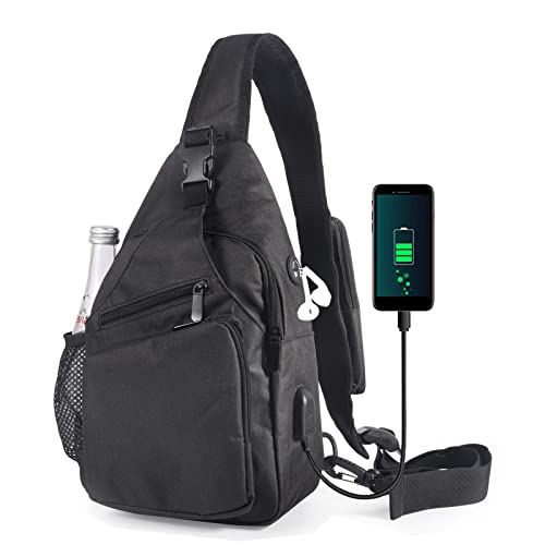 Sling Bag - Shoulder Backpack Chest Bags Crossbody Daypack for Women & Men with USB Charging Port(L-Black)