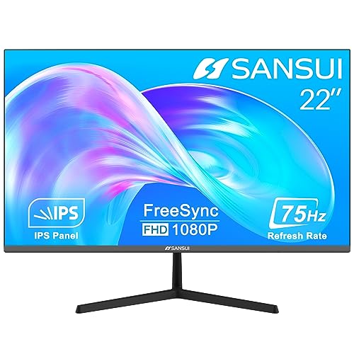 SANSUI Monitor 22 Inch IPS 75Hz FHD 1080P HDMI VGA Ports Computer Monitor Ultra-Thin Tilt Adjustable VESA Mount Compatible with Eye Comfort 178° Wide Viewing Angle for Game and Office