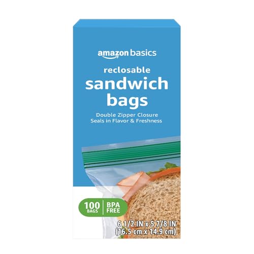 Amazon Basics Reclosable Sandwich Storage Bags, 100 Count, Pack of 1