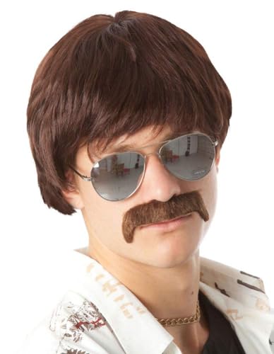 ALLAURA 60s 70s Mens Costume Wig Short Brown Wigs + Mustache Sonny Hippie 60s Singer TV Star Cop Detective Costume | Sonny Bono Costume Uncle Rico Compatible with Sonny Bono Wig Limu and Doug Liberty