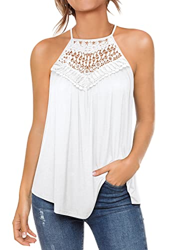 MIHOLL Women's Casual Summer Lace Halter Neck Sleeveless Flowy Tank Tops Basic Tee Shirts Fahsion Blouses (White, X-Large)