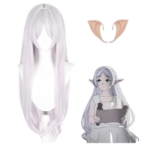 SisiruKou Anime Cosplay Wigs +(Elf ear) Womens Long straight Silver White Princess Wig Halloween Costume Party Synthetic Wigs