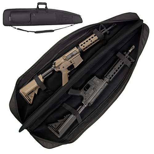 HUNTSEN Soft Double Shotgun Rifle Case 38” 42” 44” 46' 52' Long Gun Bag w/Padded Handle - Adjustable Sling Dual Lockable Zippers, Multiple Magazine Holder Pouches Outdoor Tactical Accessory Bags