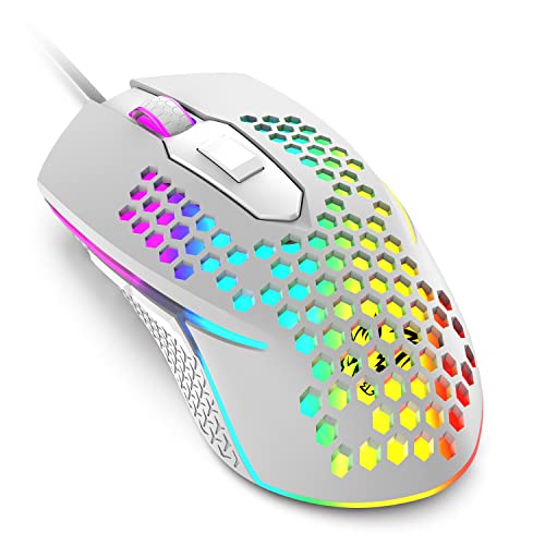Wired USB Gaming Mouse 65G Honeycomb Shell Mini Ultra-Lightweight Gaming Mice 3200DPI 6 Button 7 Colors Chroma Breathing LED Backlight Gaming Mice Compatible with PC/Mac Office and Games-White