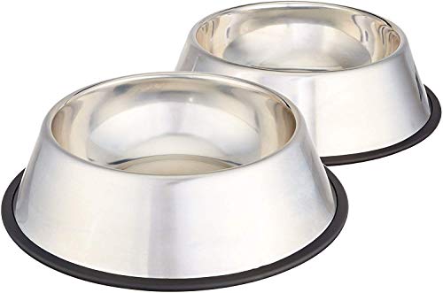 Amazon Basics Stainless Steel Non-Skid Pet Dog Water And Food Bowl, 2-Pack (10 x 2.8 Inches), Each Holds Up to 4 Cups