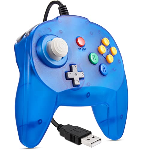 kiwitatá Mini USB N64 Controller, Retro N64 Wired 64-bit PC Remote Upgraded Joystick Game Pad Controller for Windows PC MAC Linux Raspberry Pi Blue