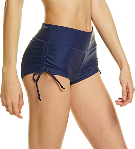 TSLA Women's Swim Shorts, Quick Dry Water Beach Board Short, Tankini Bathing Athletic Swimsuit Bottoms, Shirred Tie Shorts Navy, Medium