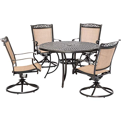 Hanover Fontana 5-Piece Patio Dining Set with PVC Tan Sling Swivel Rocker Chairs and 48' Round Cast-Top Table, Outdoor Dining Set for 4, Premium Weather Resistant Patio Furniture for Backyard & Deck