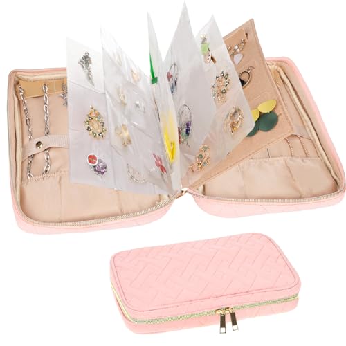 FUNARTY Jewelry Travel Organizer Jewelry Storage Bag Ring Binder Clear Booklet Zipper Pouch Bag for Rings, Necklaces, Earrings, Bracelets, Pink