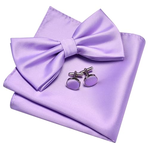 GUSLESON Lavender Lilac Bow Tie and Pocket Square Cufflink Set for Wedding Mens Light Purple Pre-tied Bow ties (0570-39)