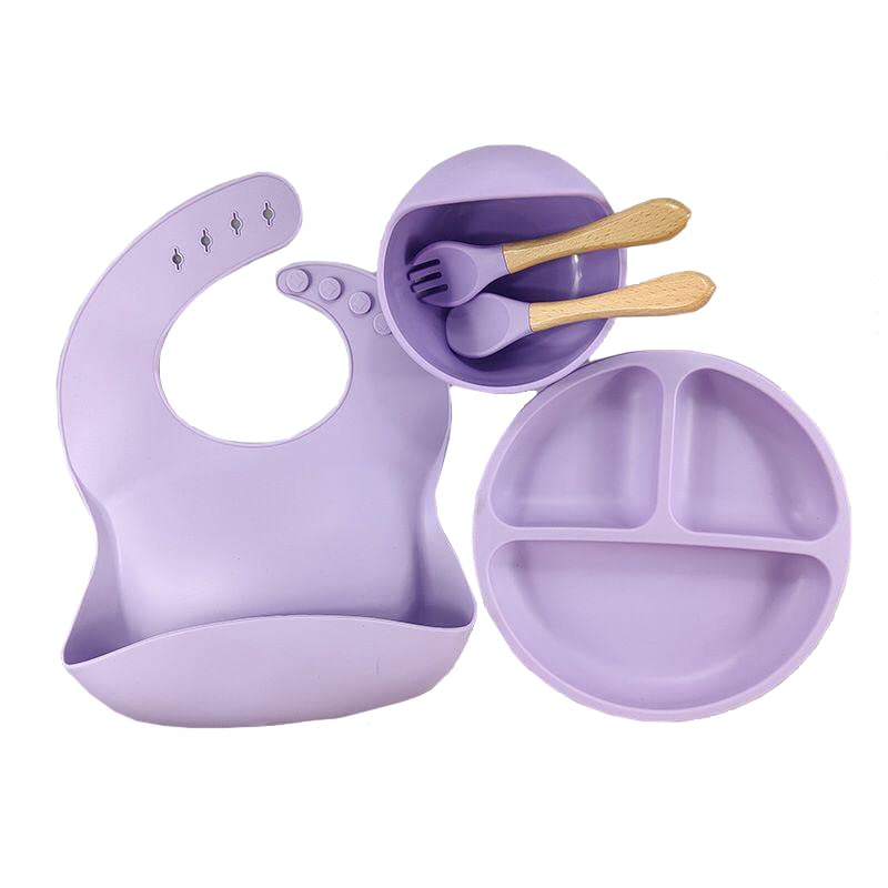 BabyFeed Silicone Bib Feeding set 6 pcs food catcher bib suction plate with feeding bowl utencils drinking baby cup (Lavander)