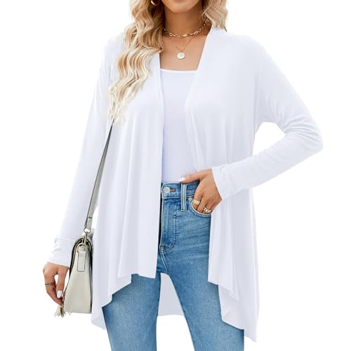 Women's Casual Long Sleeve Shrug Cardigan Open Front Lightweight Drape Cardigans with Pockets (US M(8-10), White)