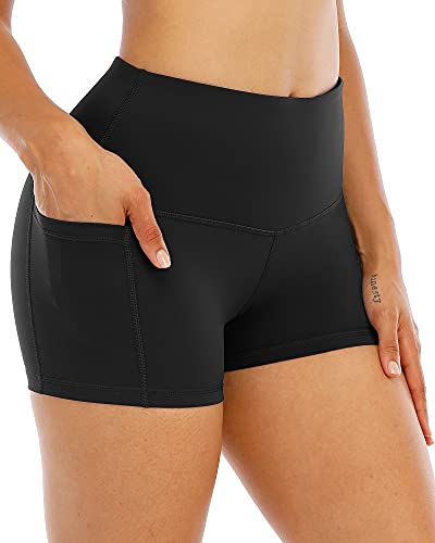 CHRLEISURE Spandex Yoga Biker Shorts with Pockets for Women, 3'' / 5'' / 8'' Workout Booty Shorts (3“ Black, S)