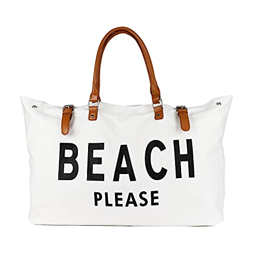 Lamyba Beach Bags Waterproof Sandproof, Extra Large Beach Bag Tote for Women with Vegan Leather, Packable Foldable Travel Totes for Summer Vacation, White