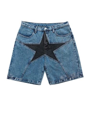 Vamtac Patchwork Denim Shorts Straight Leg Star Jeans Unisex Steetwear Shorts for Men and Women