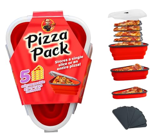 The Perfect Pizza Pack - Reusable Pizza Storage Container with 5 Microwavable Serving Trays - BPA-Free Adjustable Pizza Slice Container to Organize & Save Space, Red