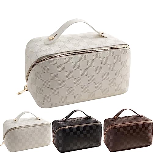 BIVIZKU Large Capacity Brown Checkered Makeup Bags Portable Travel Cosmetic Bags Open-Flat Toiletry Bag for Women Gift Make Up Organizer with Divider Pouch Zipper Bag (white-checkered)