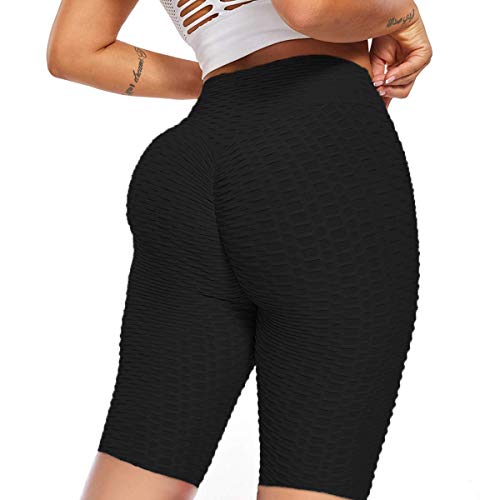 ALING Women's High Waisted Butt Lifting Yoga Tummy Control Textured Ruched Sports Gym Running Beach Hot Pants Shorts, Black, X-Large
