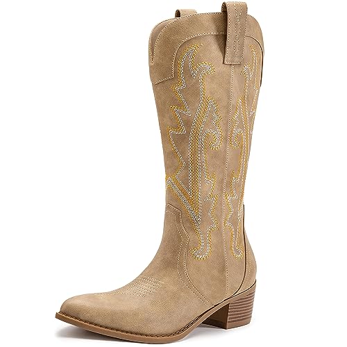 Athlefit Women's Embroidered Western Cowboy Boots Fashion Pointed Toe Chunky Heel Mid Calf Cowgirl Boots Tan Size 8