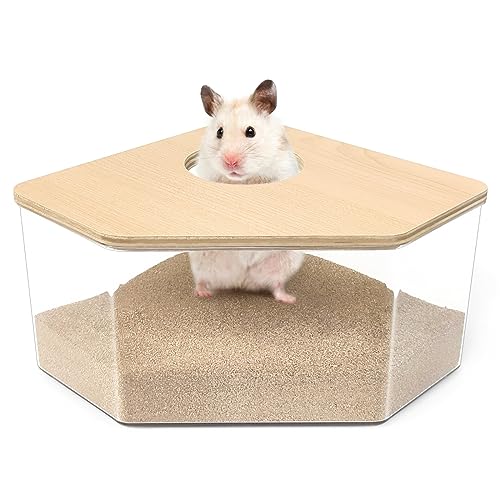 TiereCare Hamster Sand Bath Container with Wood Cover Dust Bath Litter Box Digging Room Acrylic Shower Bathing Accessories for Gerbil Rat Mice
