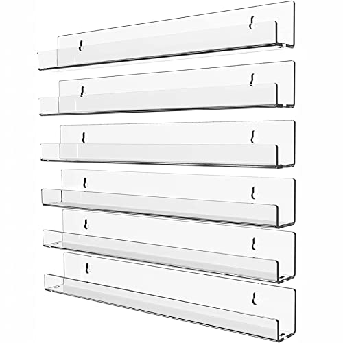 15 Inch Invisible Acrylic Floating Wall Ledge Shelf,Wall Mounted Nursery Kids Bookshelf, Invisible Spice Rack, Clear 5MM Thick Bathroom Storage Shelves Display Organizer,Transparent (6 Pack)