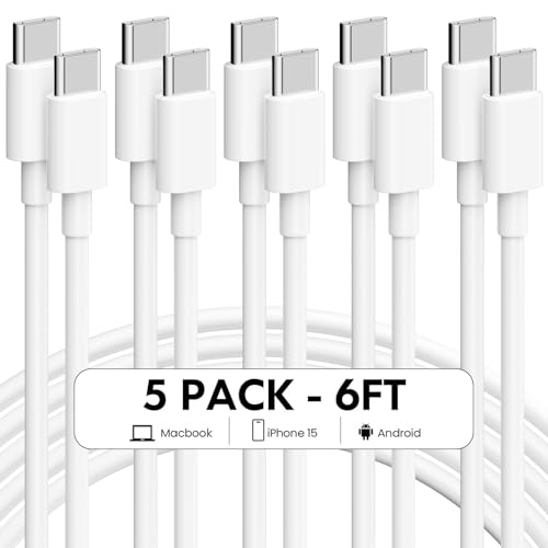 USB C Charger Cable - 5Pack 6FT (60W/3.1A) USB C to USB C Cable Type C Fast Charging Cord for iPhone 15/15 Pro/15 Plus/15 Pro Max, MacBook Pro, iPad Mini 6/Pro 2021/Air 4, Samsung Galaxy S23