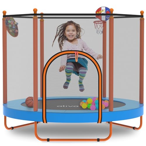 Ativafit 60'' Rebounder Trampoline Indoor Outdoor for Kids Ages 1-8, 5 FT Recreational Toddler Trampoline with Safety Enclosure Net Gifts with Basketball Hoop Dartboard Ocean Ball for Fun