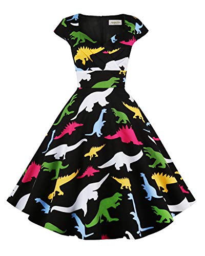 Hanpceirs Women's Cap Sleeve 1950s Retro Vintage Cocktail Swing Dresses with Pocket Dinosaur M