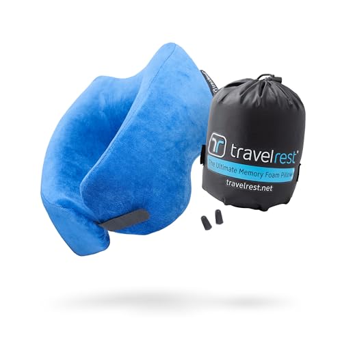 TRAVELREST Nest Memory Foam Travel Pillow/Neck Pillow - Advanced Neck Support for Long Flights - Patented Design for Optimal Relaxation - Long Travel - Unmatched Sleep - Machine Washable - Blue