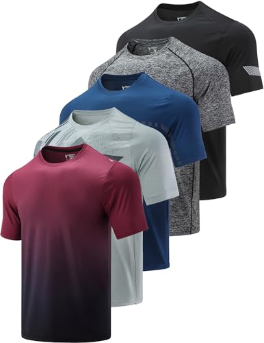 5 Pack Men’s Active Quick Dry Crew Neck T Shirts | Athletic Running Gym Workout Short Sleeve Tee Tops Bulk (Set 3, Large)