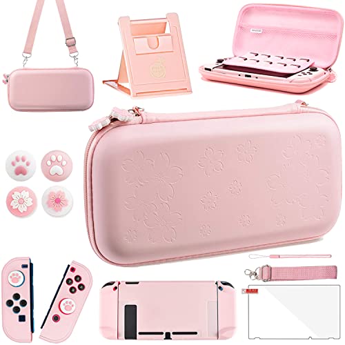 OLDZHU Pink Travel Carrying Case Accessories Kit Compatible With Nintendo Switch - 10 in 1 Essential Protection Kits with Hard Protective Cover,Glass Screen Protector,Adjustable Stand,Thumb Grip Caps