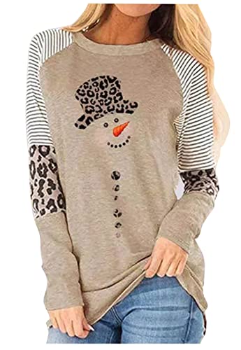 Christmas Snowman Leopard Tunic for Women Color Block Casual Long Sleeve Striped Blouse Round Neck Pullover T Shirt Tops(Brown, Large)