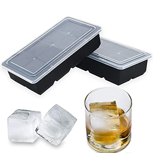 Bangp Large Ice Cube Trays with Lid,2 Pack Stackable Large Ice Cube Molds Make 16 Big Square Ice Cubes,Easy Release Silicone Ice Cube Tray for Cocktails,Whiskey,Soups and Frozen Treats