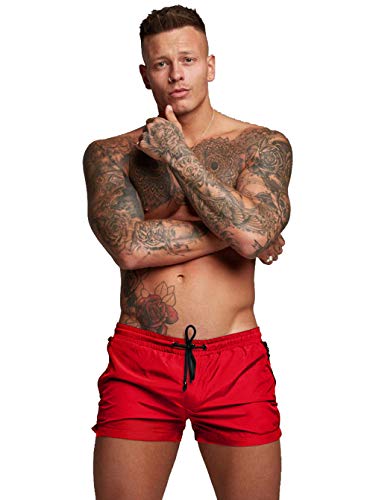 TONLEN Mens Swimwear Sports Shorts Swim Trunks with Zipper Pockets (US, Alpha, Large, Regular, Regular, Bright Red)