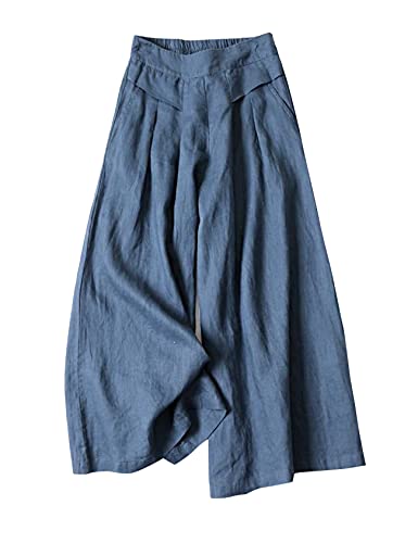 Gihuo Women' s Culottes Linen Blend Wide Leg Pants Elastic Waist Casual Palazzo Trousers with Pockets Capris(DarkBlue-XL)