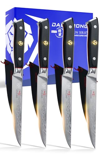 DALSTRONG Steak Knives Set - 5 inch - Shogun Series ELITE - Damascus - Japanese AUS-10V Super Steel - 4 Piece - Razor Sharp Fillet Knives - Table Set - Razor Sharp Kitchen Knife Set - Sheaths Included