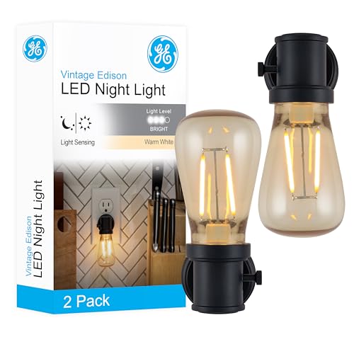 GE Vintage LED Edison Night Light, Plug-in, Dusk to Dawn Sensor, Farmhouse Decor, Vintage, Home Decor, Ambient Lighting, LED Lights for Bedroom, Bathroom, Kitchen, Hallway, Black, 2 Pack, 71349