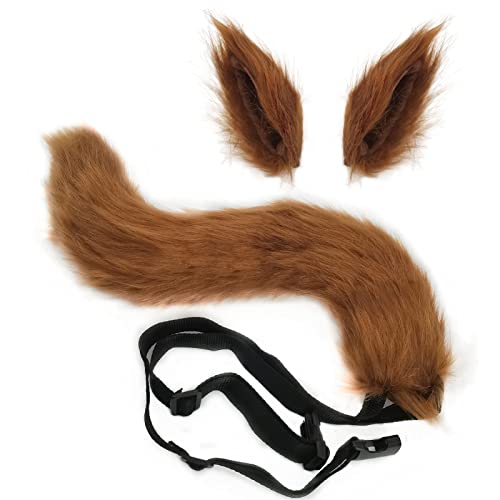 MOODUUTY Faux Fur Wolf Fox Tail and Clip Ears Kit Halloween Animal Costume Accessories Cosplay Set (Brown)