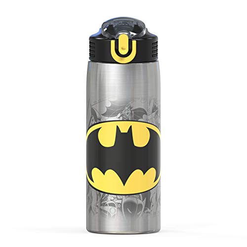 Zak Designs 27oz DC Comics 18/8 Single Wall Stainless Steel Water Bottle with Flip-up Straw Spout and Locking Spout Cover, Durable Cup for Sports or Travel (27oz, Batman)