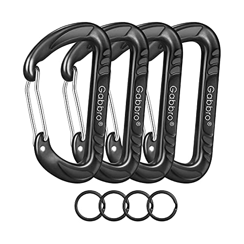 Gabbro Carabiner Clip Heavy Duty 2697lbs, 4 PCS 3' Large Lightweight Aluminum Caribeaners with Keychain Hook Ring Black