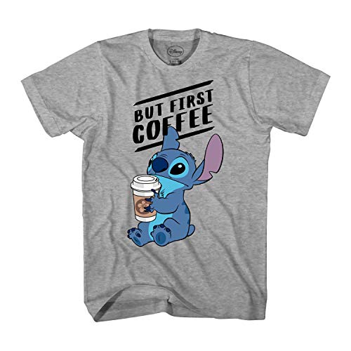 Disney Lilo and Stitch Coffee First Adult T-Shirt(XL, Grey Heather)