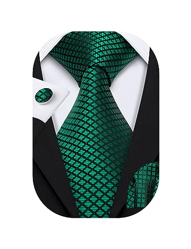 Barry.Wang Mens Ties Silk Tie Pocket Square Cufflinks Set Woven Designer Emerald Green