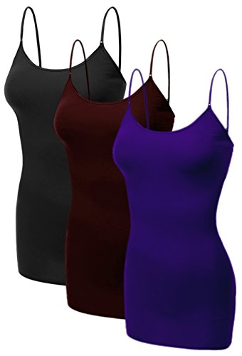 Emmalise Women's Basic Plus Size Long Camisole Cami Top Value Combo - 3Pk - Black, Burgundy, Purple, 2XL