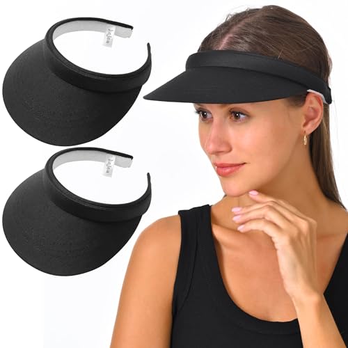 2 Pack Visors Womens Sun Hat UV Protection Men Cloth Clip On Visors Cap Adjustable Sport Wide Brim Golf (Black)