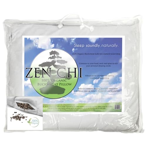ZEN CHI Organic Queen Size Buckwheat Pillow for Sleeping (20'X30') w Natural Cooling Technology, All Cotton Cover w Organic Buckwheat Hulls Comfortable Sleep, Naturally Adjusts to Head