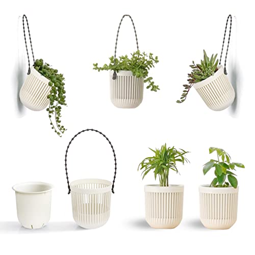 Melphoe 3.5‘’ Two-Piece Succulent Planters Pots with Drainage, Flexible Removable Handle, Planting Pots Flower Pots Small Planter Pots for Mini Plants Hanging Planter on Wall or Window 6 PCAK, White