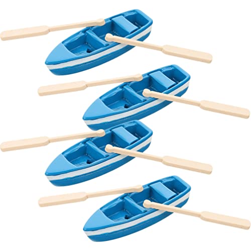 Ipetboom Miniture Decoration 4 Sets Micro Scene Ornaments Lovely Miniature Blue Boat Wood Boat Sail Decoration Canoe Model with Oars Desk Top Decor Bonsai Resin Decor Wooden Tropical Beach