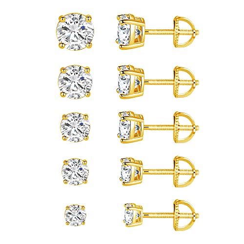 18K Yellow Gold Plated 4 Pong Round Clear Cubic Zirconia Screw Back Stud Earring Pack of 5 Pairs (5 Pairs)