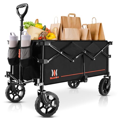 Navatiee Collapsible Folding Wagon, Wagon Cart Heavy Duty Foldable with Two Drink Holders, Utility Grocery Wagon for Camping Shopping Sports, S2, Black